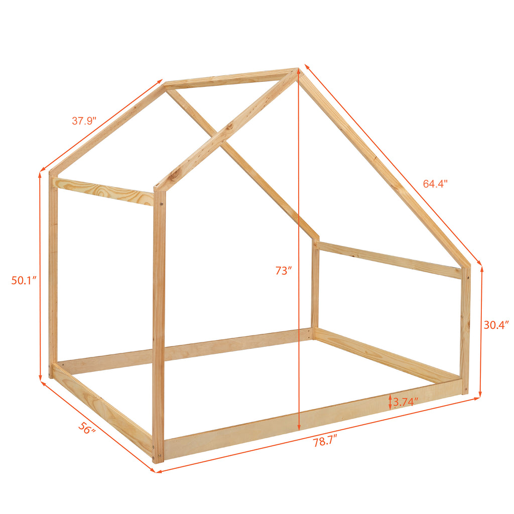 Leoglint Full Size Wooden House Bed Frame, Natural