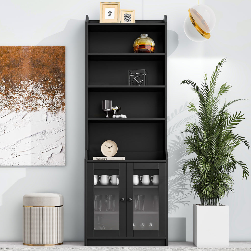 Leoglint Sideboard ON-TREND Elegant Tall Cabinet with Acrylic Board Door, Versatile Sideboard with Graceful Curves, Contemporary Bookshelf with Adjustable Shelves for Living Room, Black