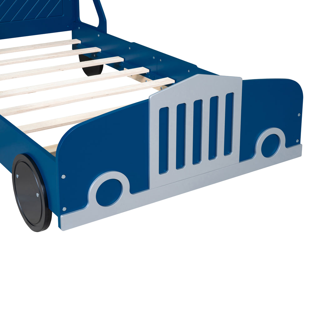 Leoglint Twin Size Car-Shaped Platform Bed Frame with Wheels,Blue