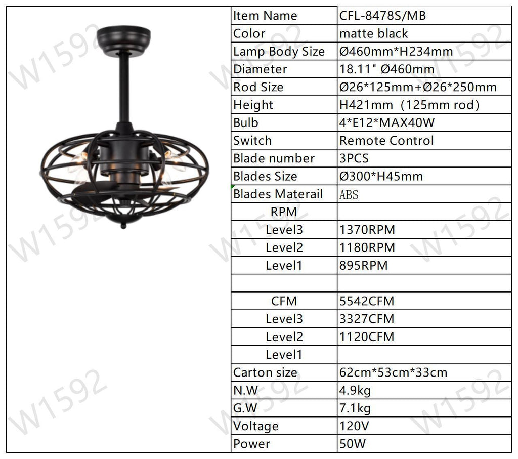 Leoglint Pendant 18.1" Chandelier Caged Ceiling Fan with  Remote Control,Timer, 3 Speeds Indoor Ceiling Fan for Farmhouse, Bedroom Living Room(No include Bulbs)