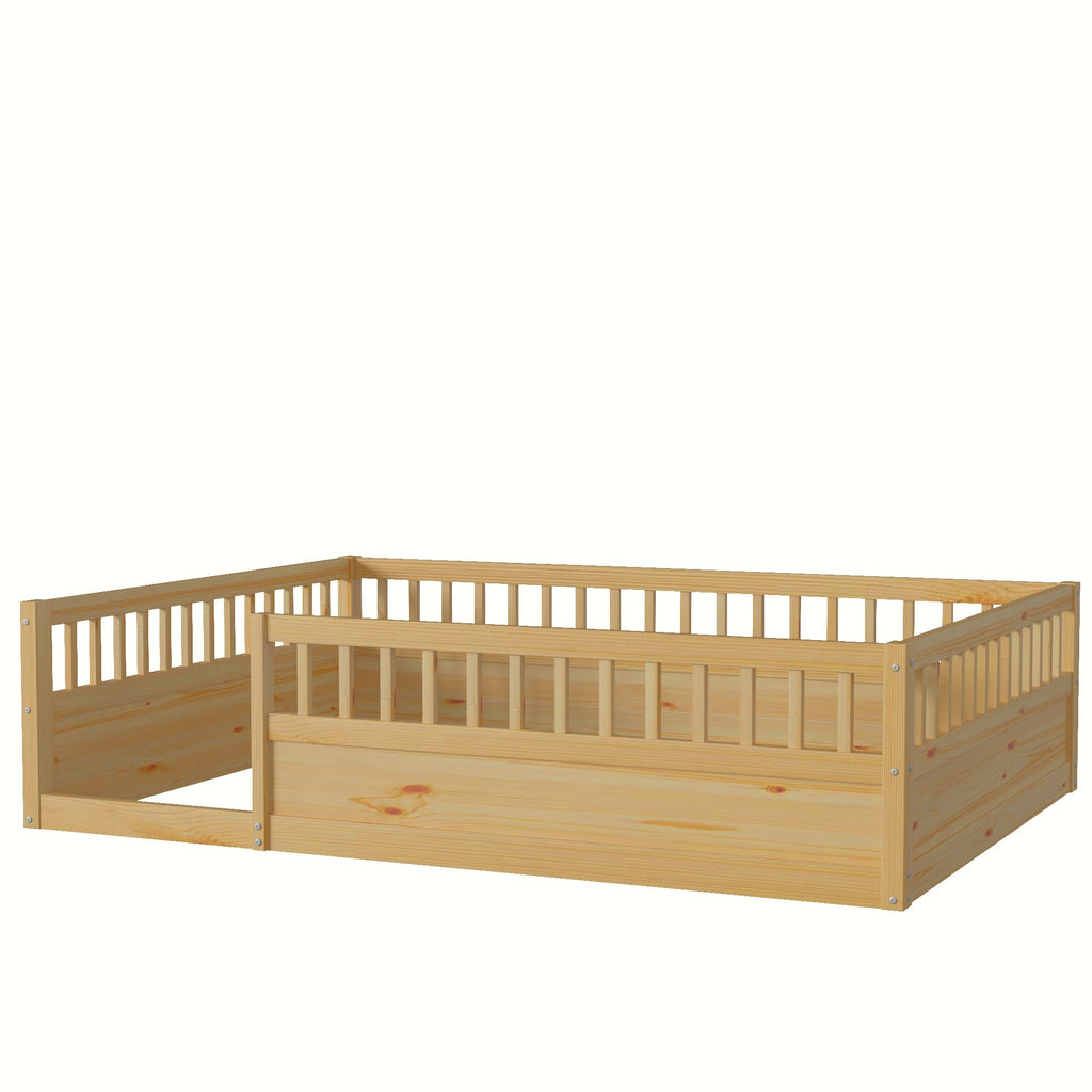 Leoglint Full Floor Bed Frame with Fence, Wood Kids Floor Beds Frame for Bedroom Playroom,Natural(Expect arrive date Jul. 10th)