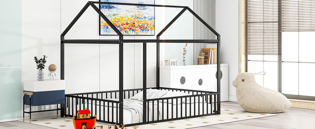 Leoglint Full Size Metal Bed House Bed Frame with Fence, for Kids, Teens, Girls, Boys,Black