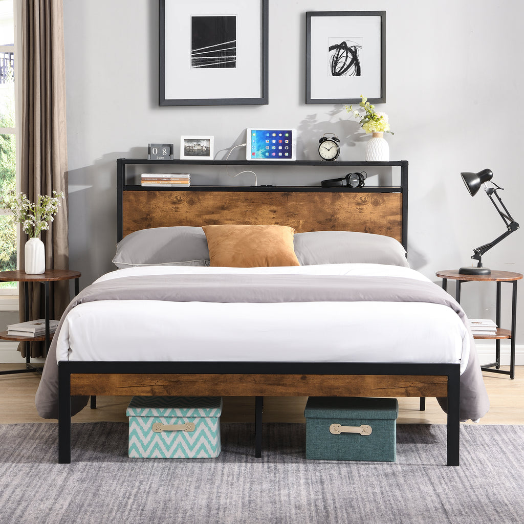 Leoglint King Size Metal Platform Bed Frame with Wooden Headboard and Footboard with USB LINER, No Box Spring Needed, Large Under Bed Storage, Easy Assemble