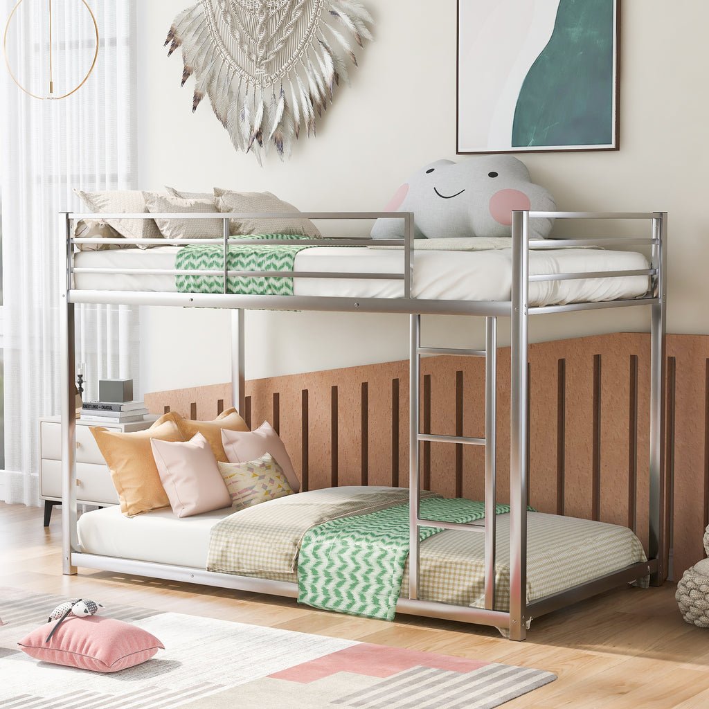 Leoglint Twin over Twin Metal Bunk Bed Frame, Low Bunk Bed with Ladder,Silver(OLD SKU:WF282465AAN)