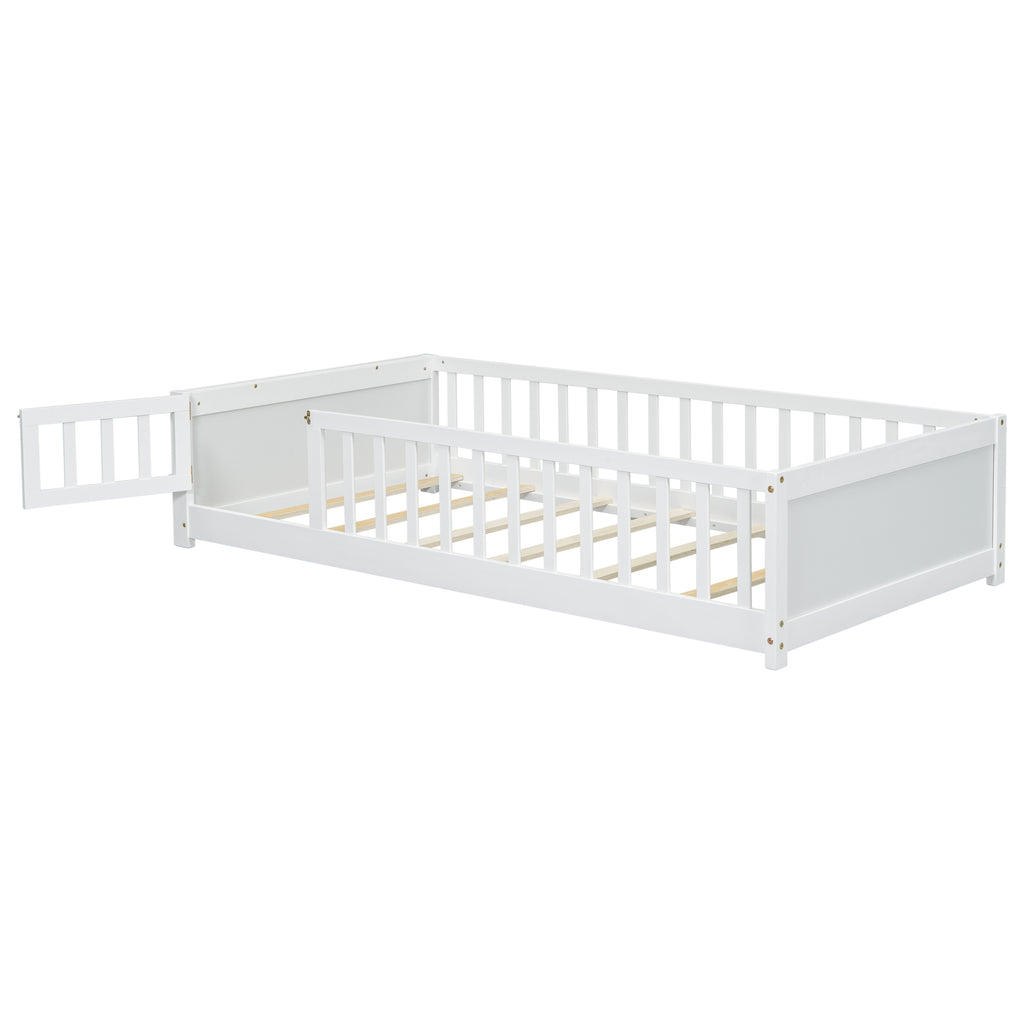 Leoglint Twin size Floor Platform Bed Frame with Built-in Book Storage Rack, Door,White