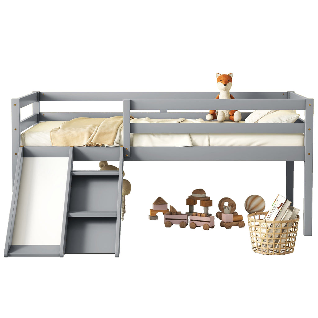 Twin Low Loft Bed Frame with Slide,  Ladder, Safety Guardrails, No Box Spring Needed,Grey