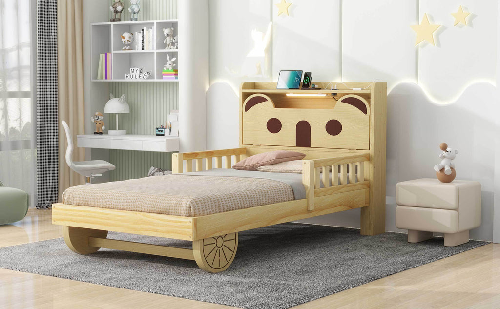 Leoglint Twin Size Car Bed Frame with Bear-Shaped Headboard, USB and LED, Natural