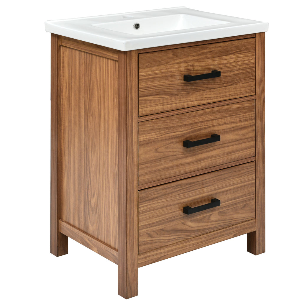 Leoglint 24'' Bathroom Vanity with Ceramic Basin Sink, Modern Bathroom Storage Cabinet with 3 Drawers, Freestanding Bathroom Vanity Cabinet with Single Sink