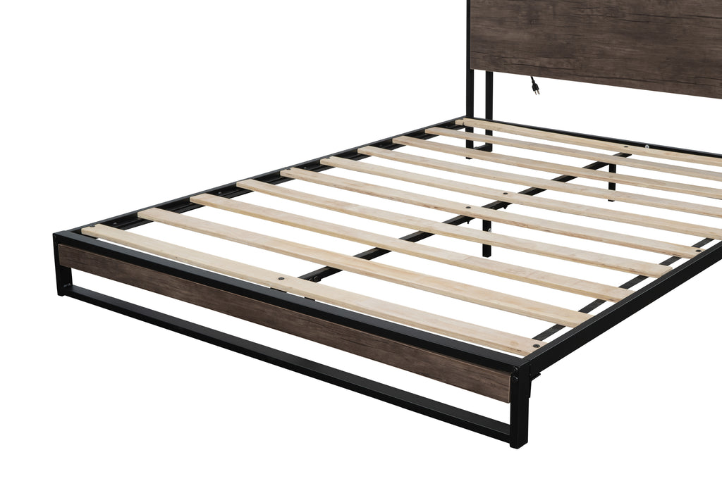 Platform Queen Bed Frame with Socket, Fast Assemble Design