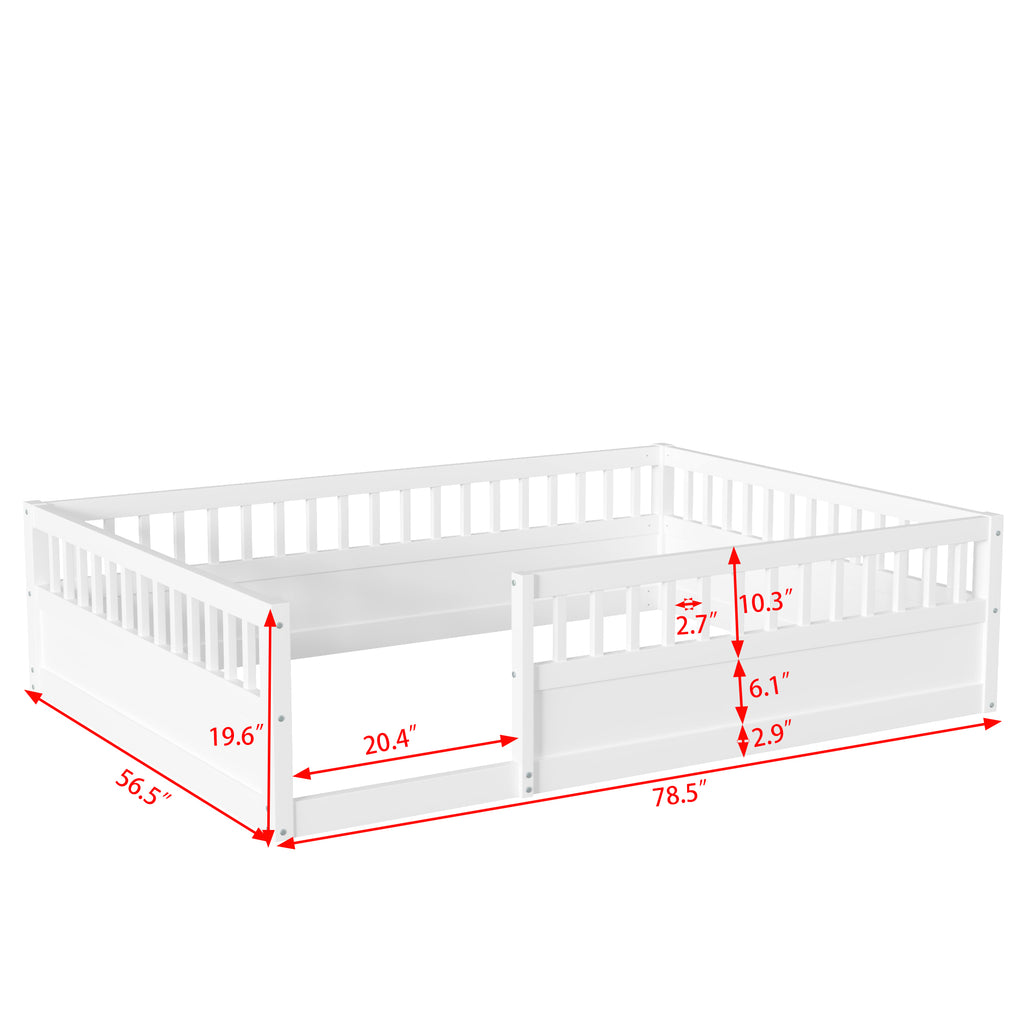 Leoglint Full Floor Bed Frame with Fence, Wood Kids Floor Beds Frame for Bedroom Playroom,White(Expect arrive date Jul. 10th)