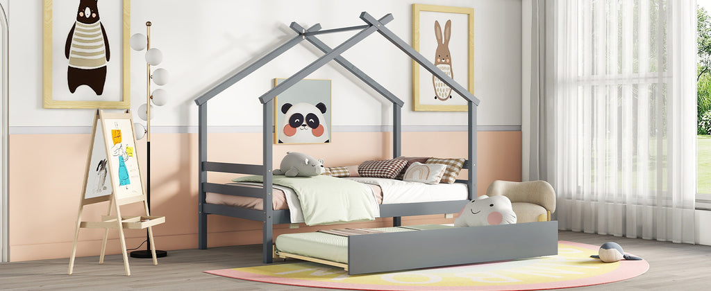 Leoglint Twin Size  House-shaped Bed Frame with Trundle,Grey