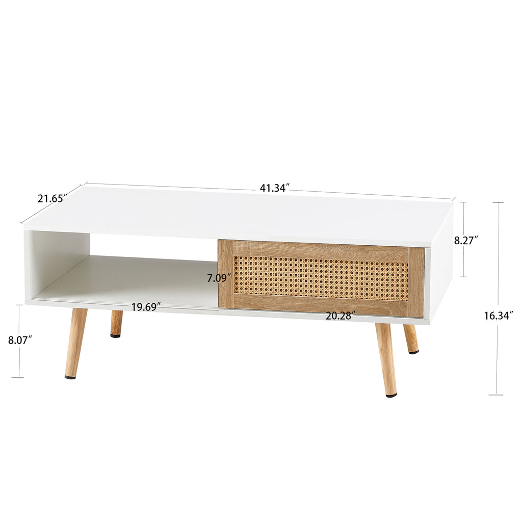 Leoglint 41.34" Rattan Coffee table, sliding door for storage, solid wood legs, Modern table  for living room ,White