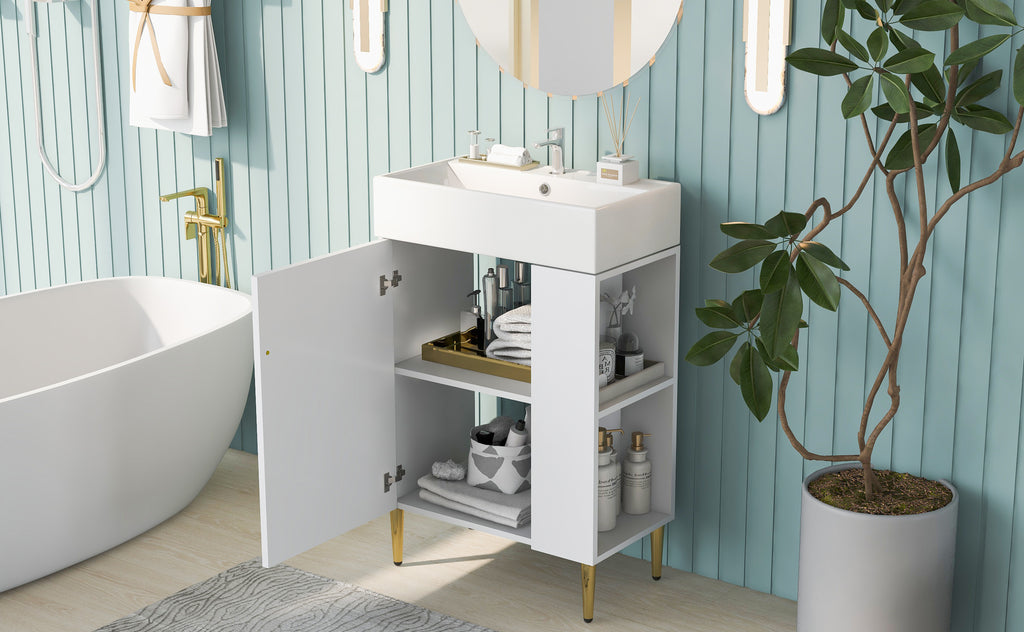 Leoglint 21.6" white Bathroom vanity, Combo Cabinet, Bathroom Storage Cabinet, Single Ceramic Sink, Right side storage