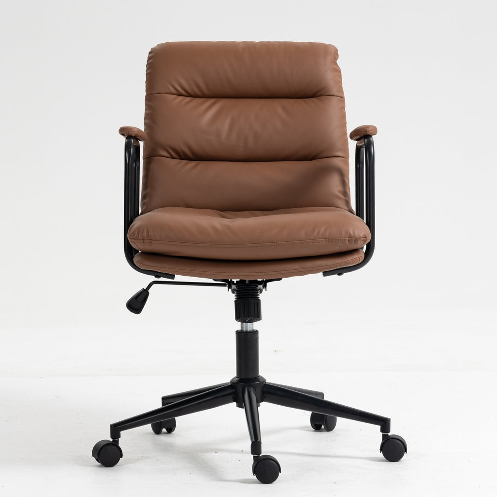 Leoglint Office Chair,Mid Back Home Office Desk Task Chair with Wheels and Arms Ergonomic PU Leather Computer Rolling Swivel Chair with Padded Armrest,The back of the chair can recline 40° (Brown)