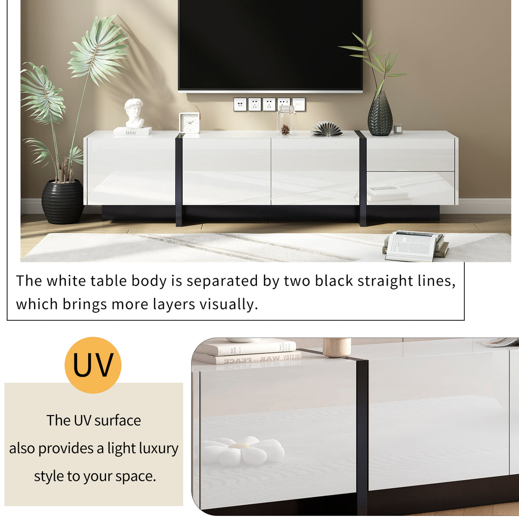 Leoglint [VIDEO provided] ON-TREND White & Black Contemporary Rectangle Design TV Stand, Unique Style TV Console Table for TVs Up to 80'', Modern TV Cabinet with High Gloss UV Surface for Living Room.