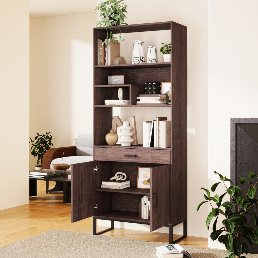 Leoglint 75.9"Modern Open Bookshelf with Doors, Bookcase with Storage drawer and LED Strip Lights,Free Standing Display Rack,Wooden Tall Bookshelf for Living Room and Office, Walnut