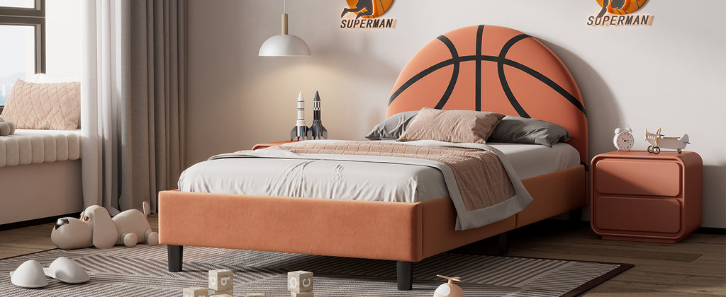 Leoglint Bed Frame Basketball Design Upholstered Twin Platform Bed Sport Style Bed for Boys & Girls, Teens, Orange