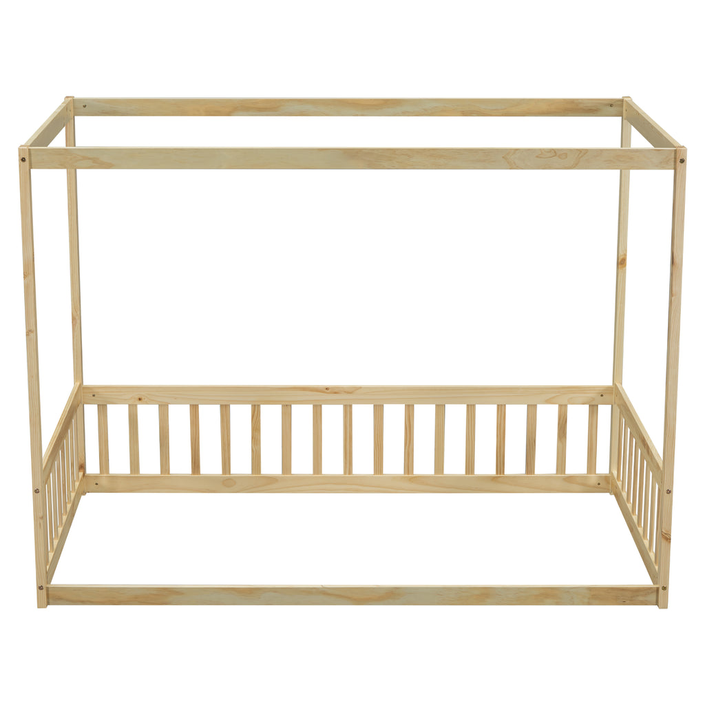 Leoglint Twin Size Canopy Frame Floor Bed Frame with Fence, Guardrails,Natural