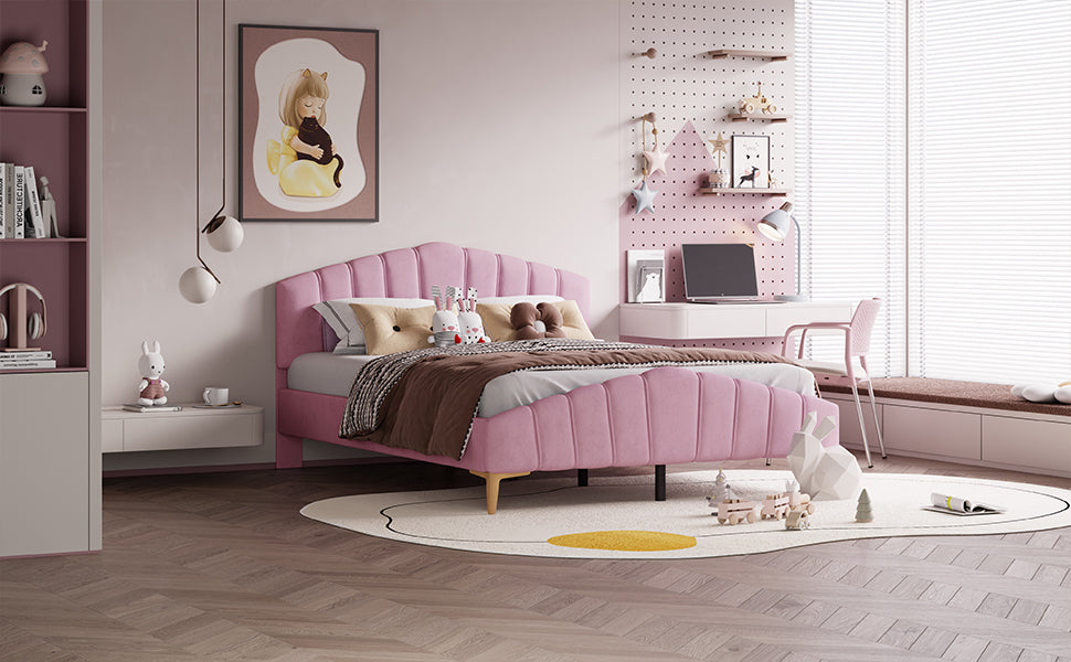 Queen Size Velvet Platform Bed Frame with Thick Fabric, Stylish Stripe Decorated Bedboard and Elegant Metal Bed Leg, Pink