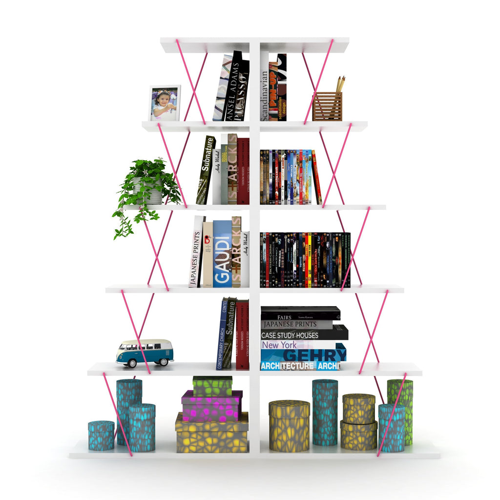 Leoglint Furnish Home Store Modern 5 Tier Ladder Bookshelf Organizers, Narrow Bookshelf for Small Spaces Office Furniture Bookcase ,White/Pink