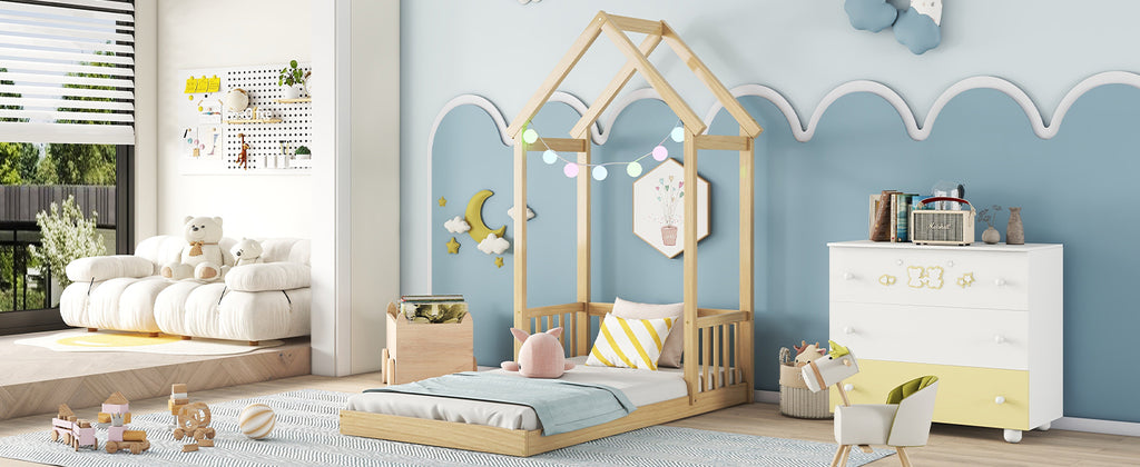 Twin House-shaped Roof Headboard Floor Bed Frame,,(without slats),Natural