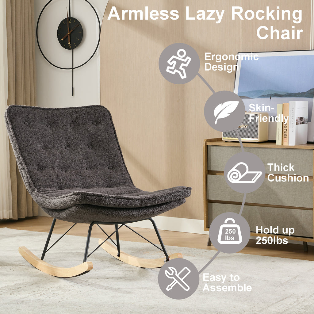 Leoglint Lazy Rocking Outdoor Chair,Comfortable Lounge Chair with Wide Backrest and Seat Wood Base, Upholstered Armless Rocker Chair for Living room, Balcony,Bedroom and Patio Porch. (GREY)