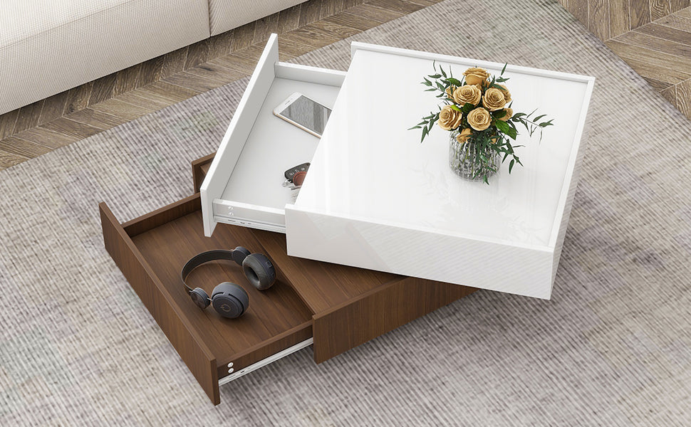 Leoglint [VIDEO provided] ON-TREND Square 360°Rotating Coffee Table with 2 Drawers, High Gloss 2-Tier Center Table with Swivel Tabletop and Storage, Walnut Table Frame Side Table for Living Room, White