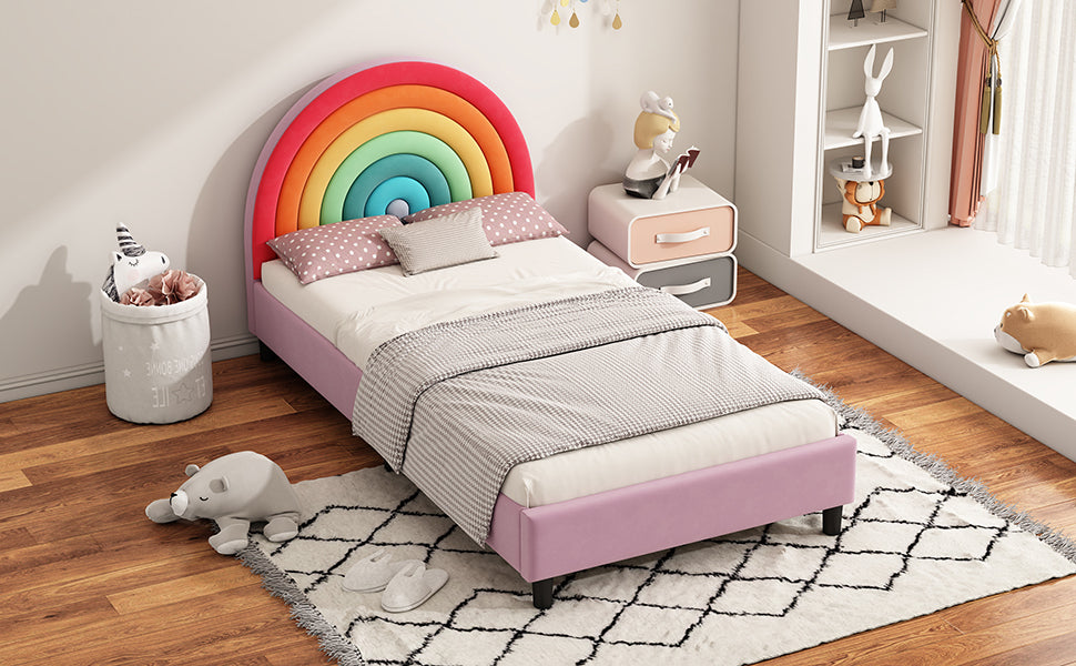 Rainbow Design Upholstered Twin Platform Bed Frame Cute Style Princess Bed for Boys & Girls, Teens, Colorful & Pink