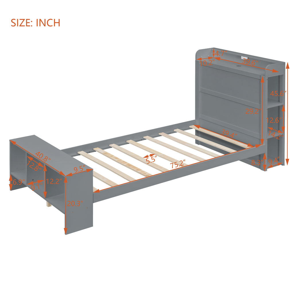 Leoglint Twin Size Platform Bed Frame with built-in shelves, LED Light and USB ports, Gray