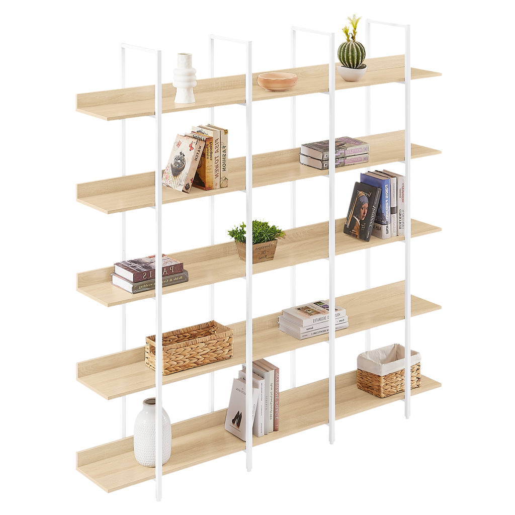 Leoglint 5 Tier Bookcase Home Office Open Bookshelf, Vintage Industrial Style Shelf, MDF Board, White Metal Frame, Oak