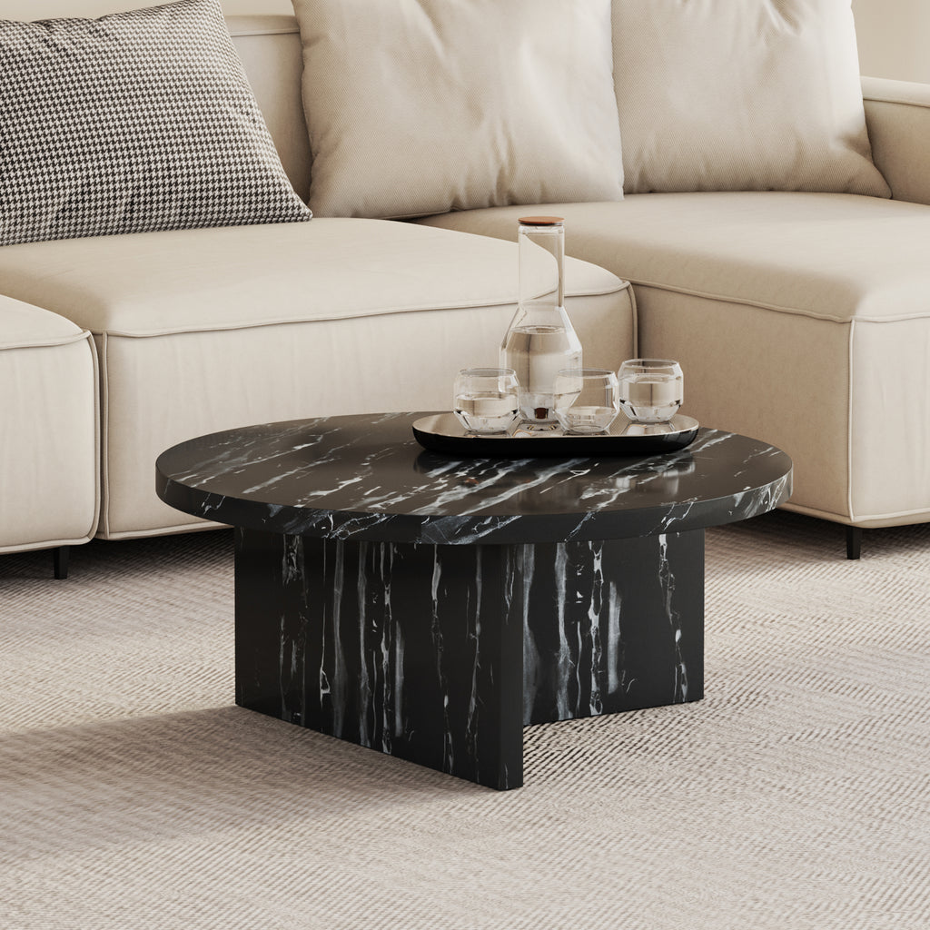 Leoglint Black MDF material circular coffee table with texture, 31.4 inch black middle table, modern tea table, suitable for small spaces, living room.