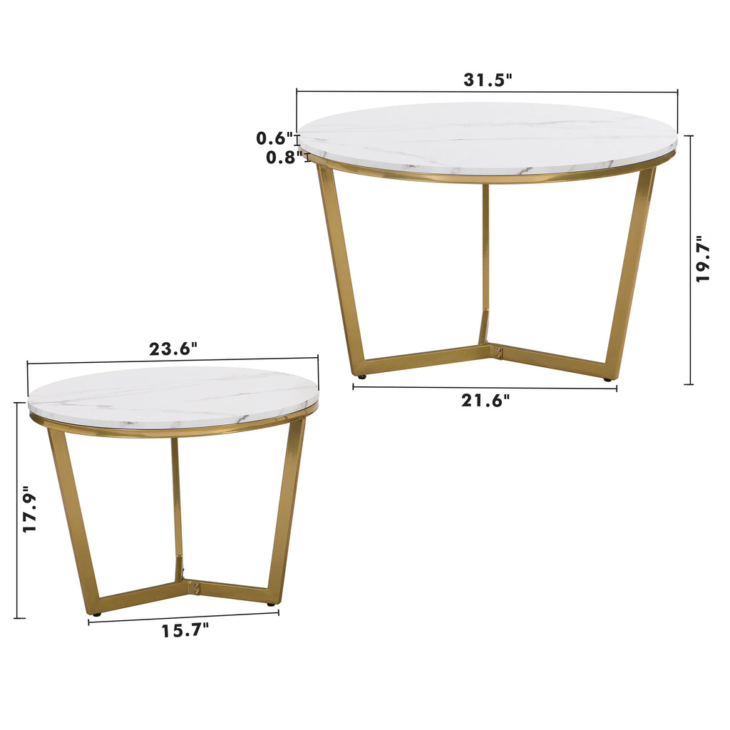 Leoglint Modern Round Nesting Coffee Table Set 2-Piece White & Marbling Top Gold Base