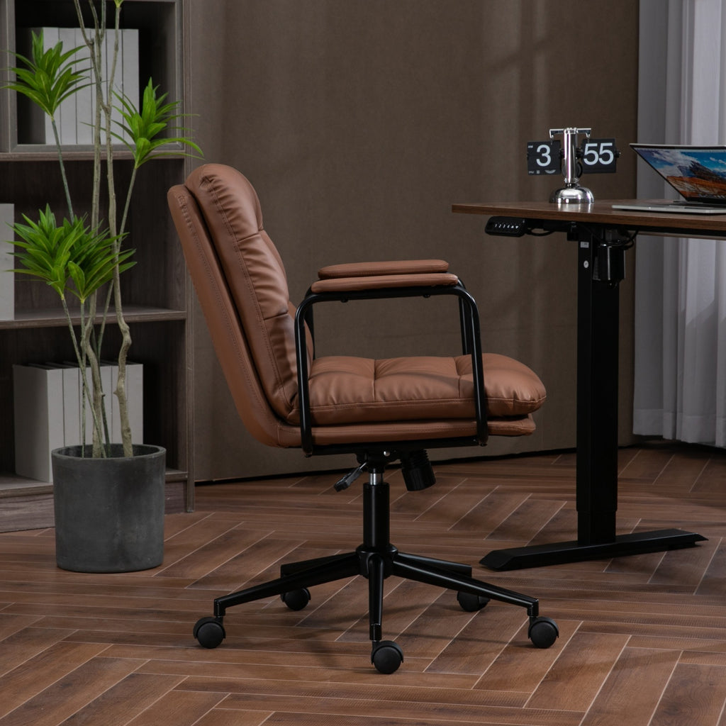 Leoglint Office Chair,Mid Back Home Office Desk Task Chair with Wheels and Arms Ergonomic PU Leather Computer Rolling Swivel Chair with Padded Armrest,The back of the chair can recline 40° (Brown)