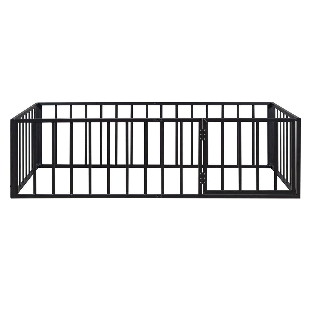 Leoglint Twin Size Metal Floor Bed Frame with Fence and Door, Black