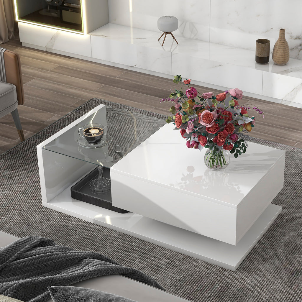 Leoglint [VIDEO provided] ON-TREND Modern Coffee Table with Tempered Glass, Wooden Cocktail Table with High-gloss UV Surface, Modernist 2-Tier Rectangle Center Table for Living Room, White