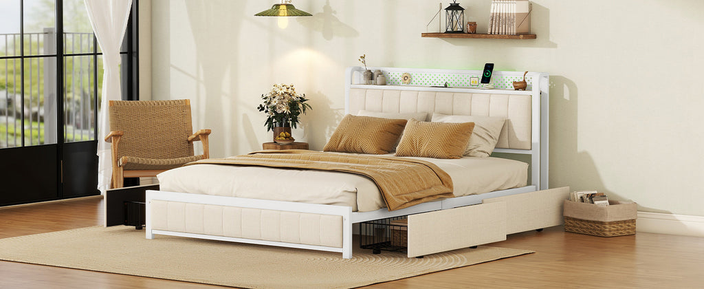 Queen Bed Frame with LED Headboard, Upholstered Bed with 4 Storage Drawers and USB Ports, Beige