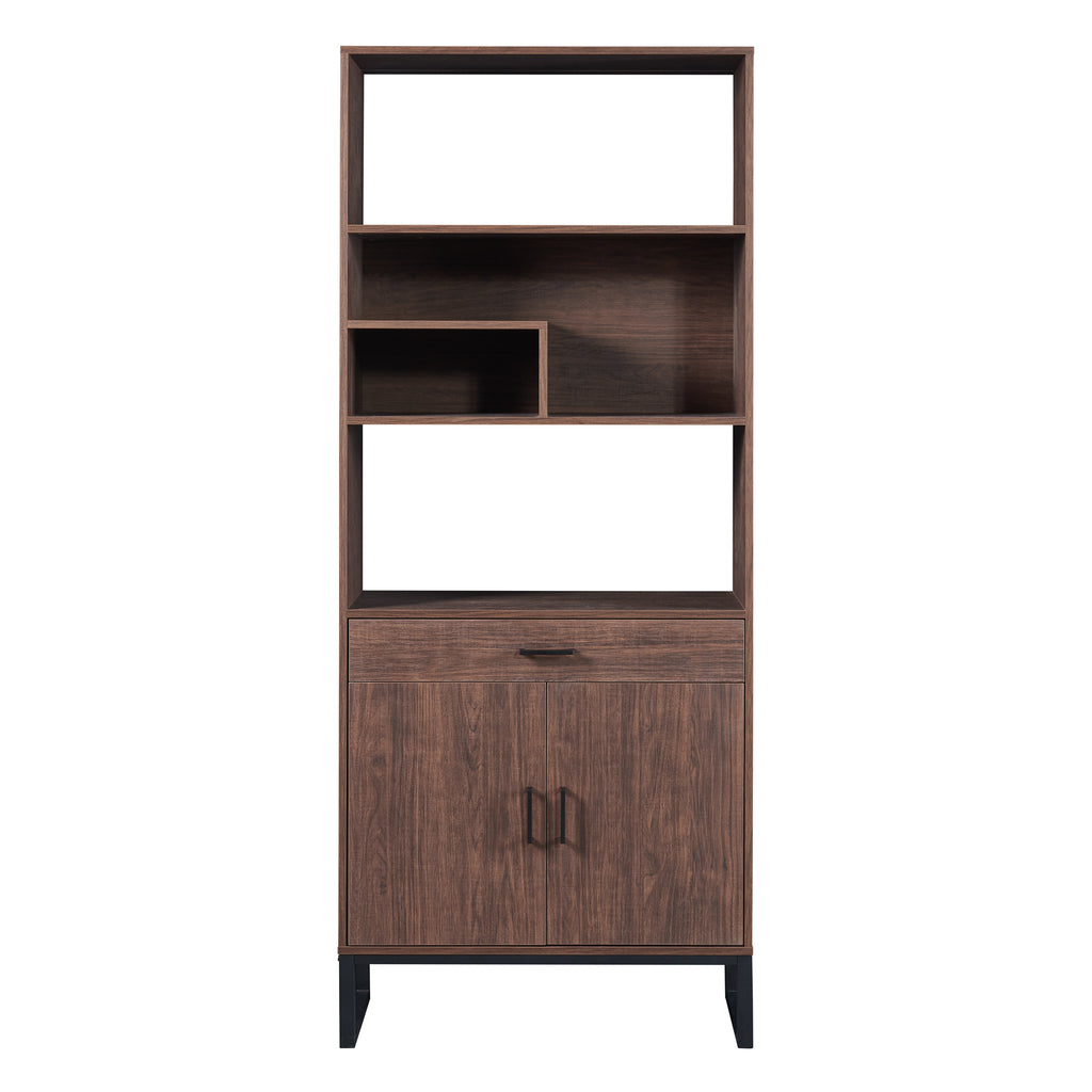 Leoglint 75.9"Modern Open Bookshelf with Doors, Bookcase with Storage drawer and LED Strip Lights,Free Standing Display Rack,Wooden Tall Bookshelf for Living Room and Office, Walnut