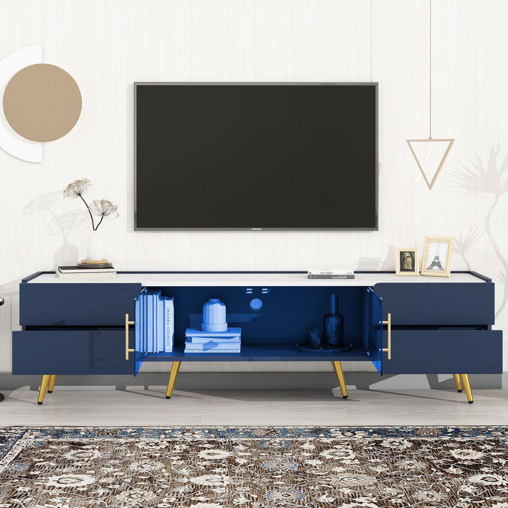 Leoglint U-Can Modern TV Stand with LED lights for TVs up to 80 Inches, Entertainment Center with 4 Drawers and 1 Cabinet with Brown Glass Door, Media Console with Metal Legs and Handles for Living room