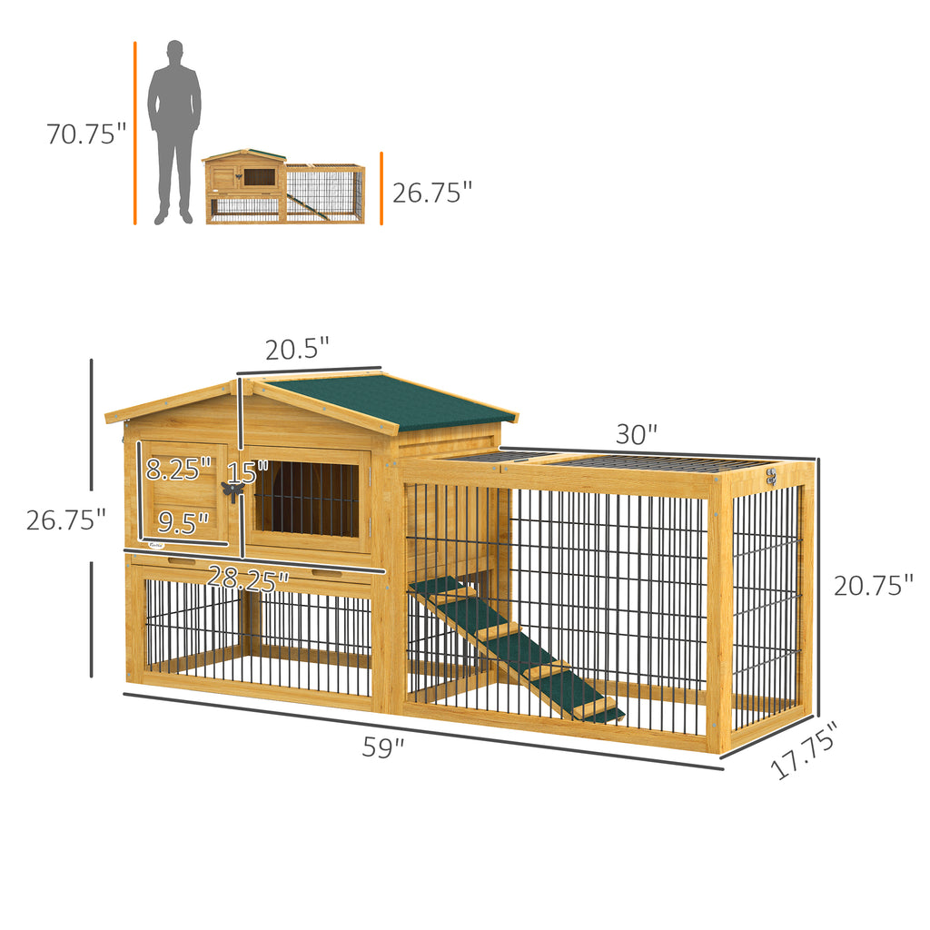 Leoglint 2 Levels Outdoor Rabbit Hutch with Openable Top, 59" Wooden Large Rabbit Cage with Run Weatherproof Roof, Removable Tray, Ramp, Yellow