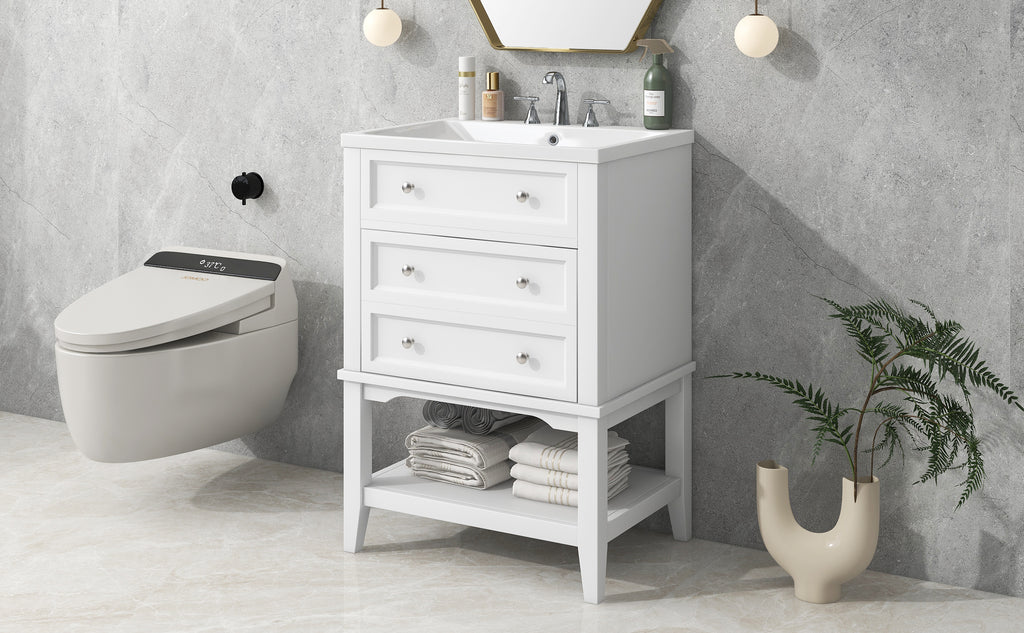 Leoglint 24" Bathroom Vanity With Sink, Bathroom Storage Cabinet with Drawer and Open Shelf, Solid Wood Frame, White