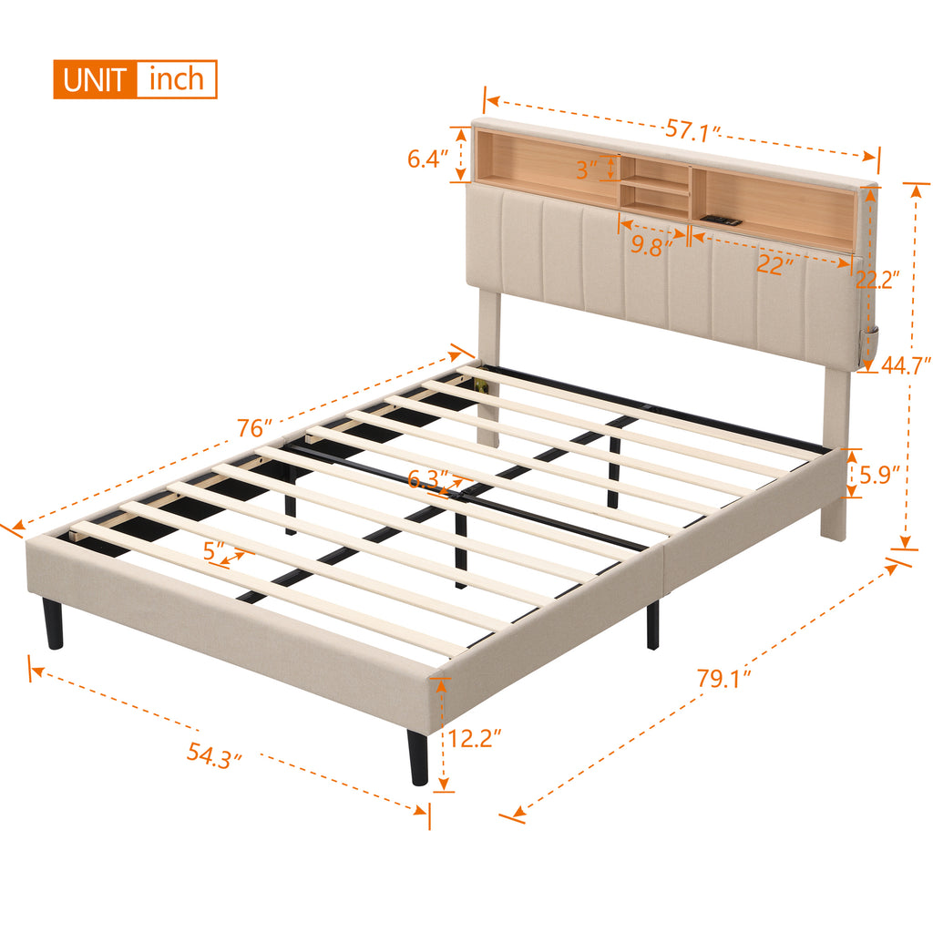 Leoglint Full size Upholstered Platform Bed with Storage Headboard and USB Port,  Linen Fabric Upholstered Bed (Beige)