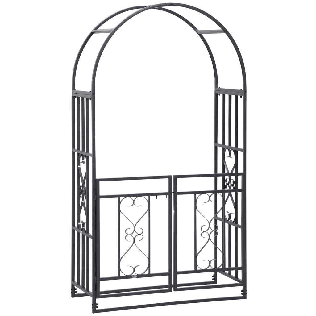 Leoglint 81" Metal Garden Trellis Arbor with Double Doors, Locking Gate, Climbing Vine Frame with Heart Motifs, Arch for Wedding, Bridal Party Decoration, Grey