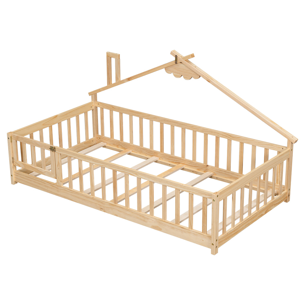 Twin House-Shaped Bedside Floor Bed Frame with Guardrails, Slats, with Door,Natural