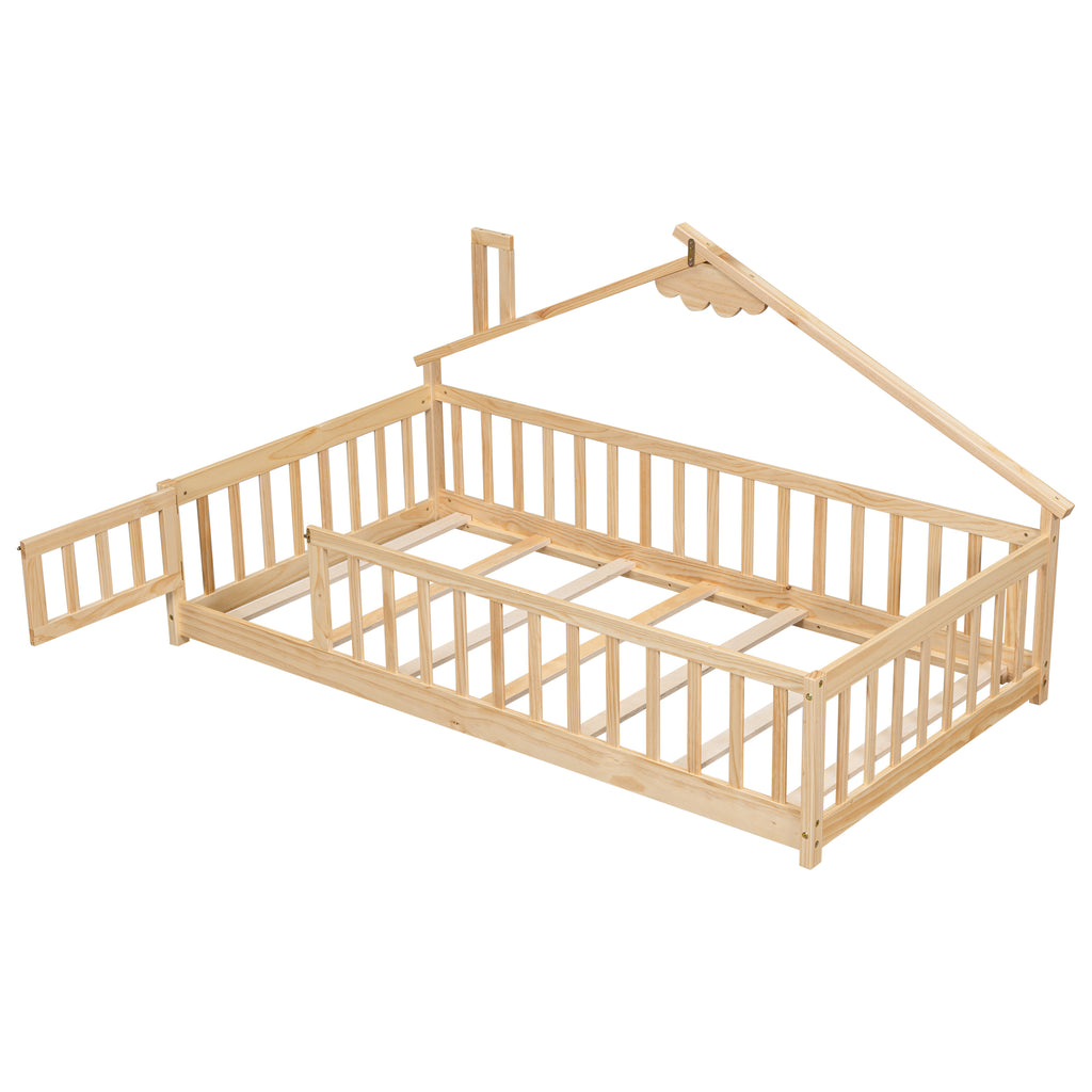 Twin House-Shaped Bedside Floor Bed Frame with Guardrails, Slats, with Door,Natural