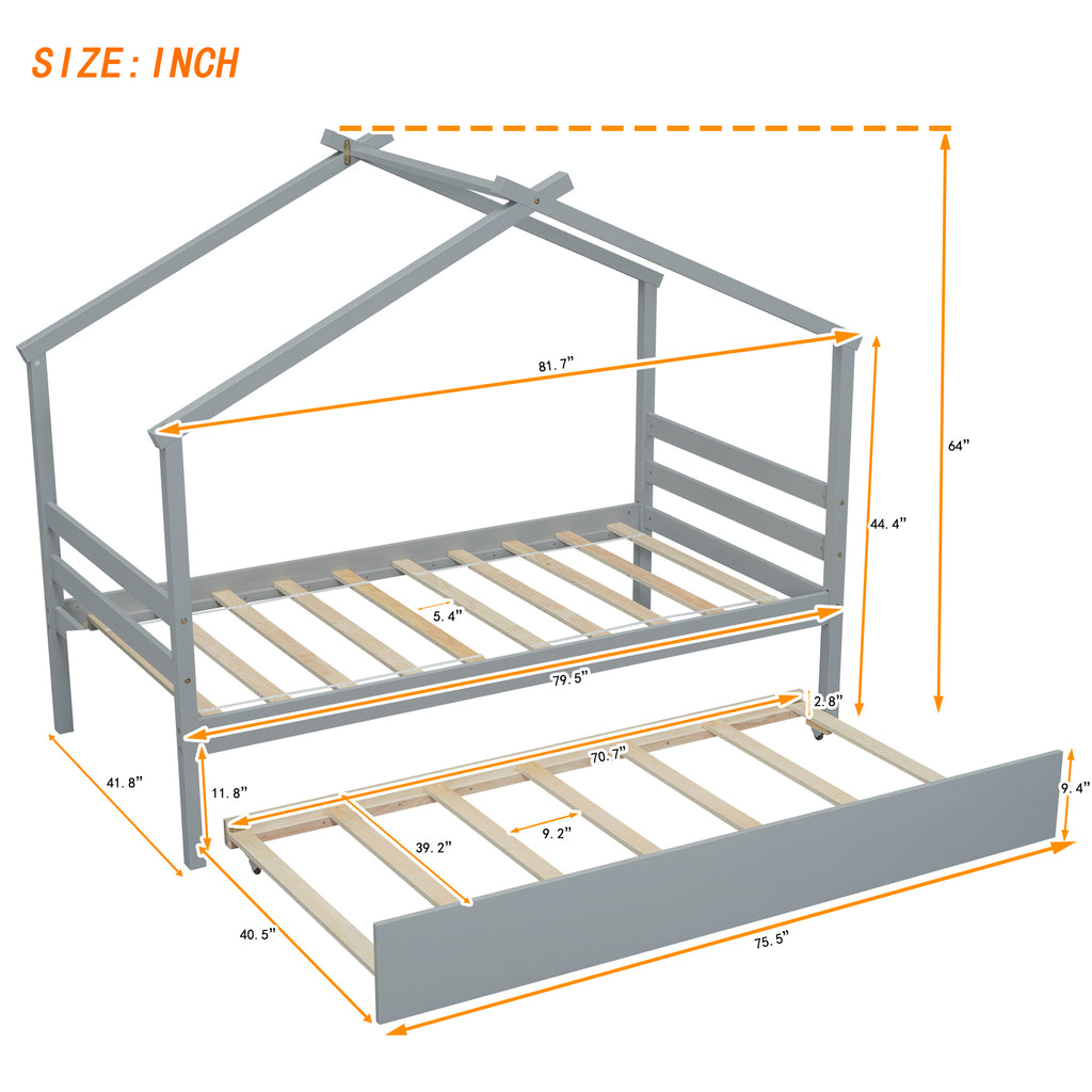 Leoglint Twin Size  House-shaped Bed Frame with Trundle,Grey