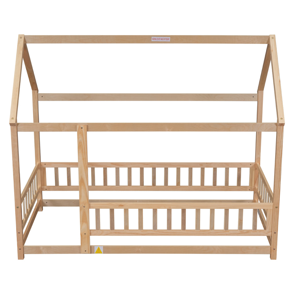 Leoglint Twin Size Floor Wooden Bed Frame with House Roof Frame, Fence Guardrails,Natural(Old SKU:W1791106616)