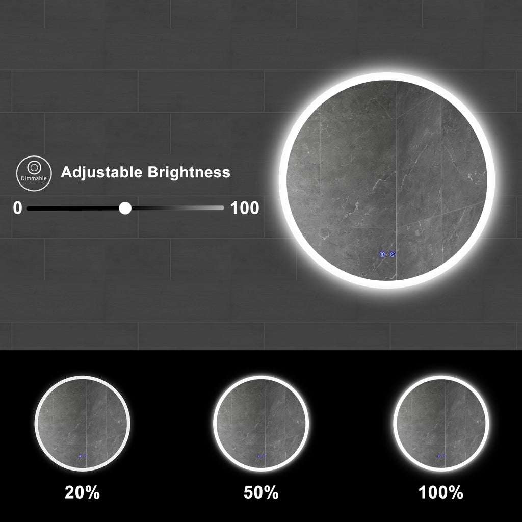 Leoglint 32 x 32 Inch Round Frameless LED Illuminated Bathroom Mirror, Touch Button Defogger, Metal, Silver