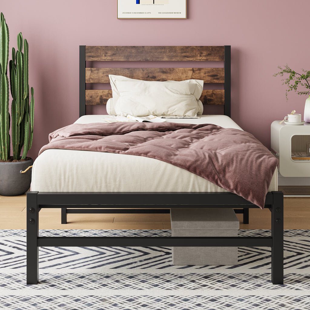 Leoglint Twin Size Platform Bed Frame with Rustic Vintage Wood Headboard, Strong Metal Slats Support Mattress Foundation, No Box Spring Needed Rustic Brown