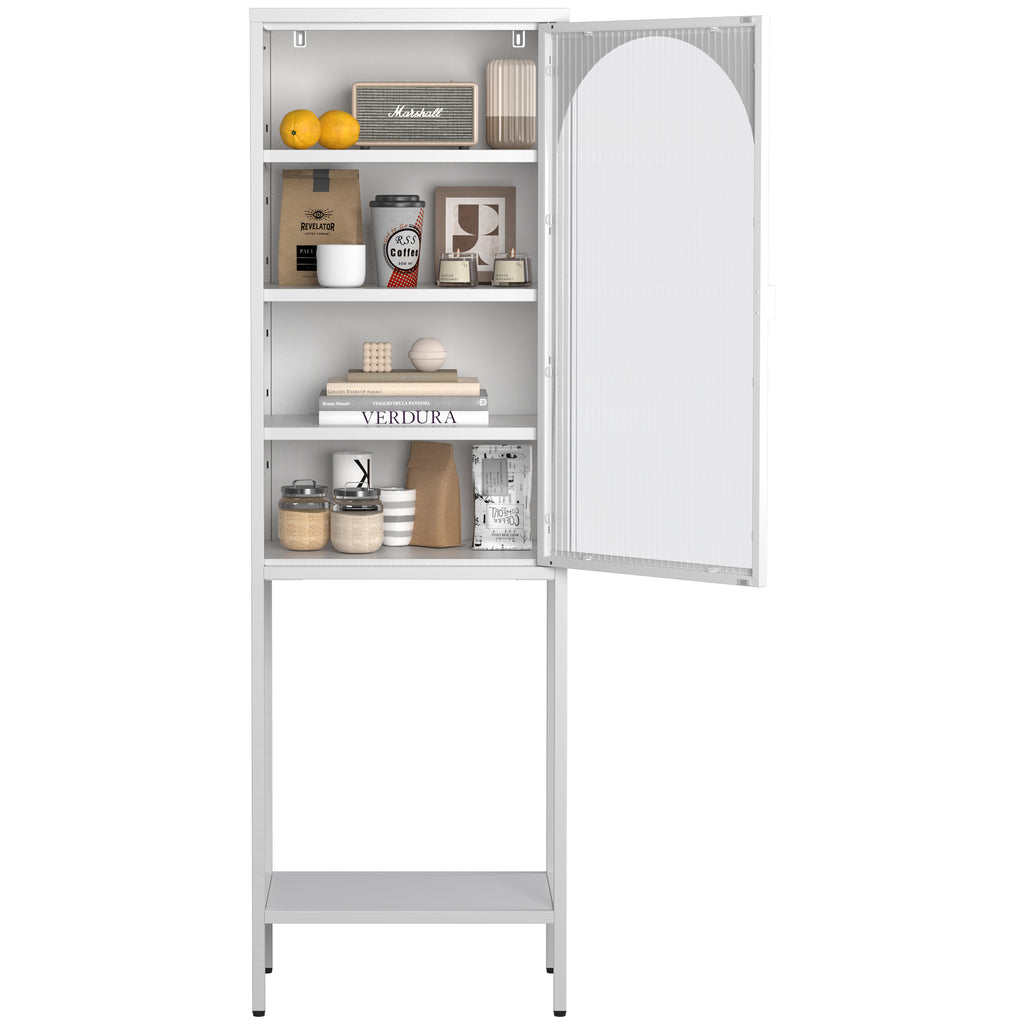 Leoglint Metal Glass Door Display Storage Cabinet - 5-Tier Cube Bookshelf Storage Cabinet with 3 Adjustable Shelves For kitchen, dining room, living room, bathroom, home office,White