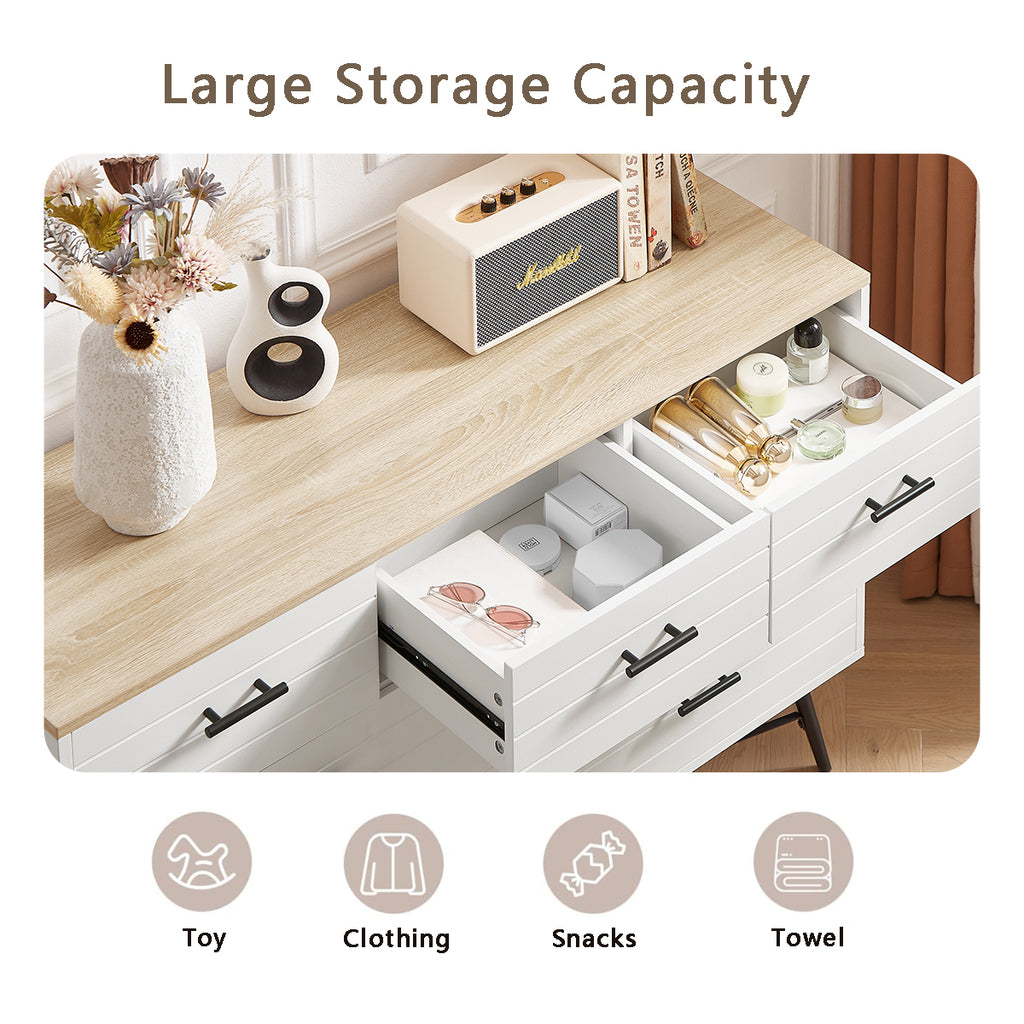 Leoglint 7 Drawer Chest Drawer Dresser for Bedroom with Deep Drawers, Wood Dressers & Chest of Drawers, Modern White Long Dressers for Closet Living Room, 47.2"W x 15.7"D x 31.5"H, White & oak